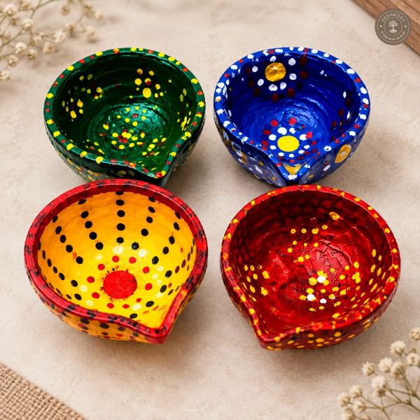 Handcrafted Decorative Diya Set – 4 Colourful Hand-Painted Clay Diyas with Dot Art for Diwali, Lakshmi Pooja & Festive Décor