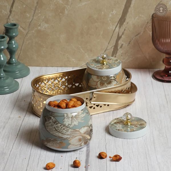 Bird Print Metal Jar With basket Set of 3