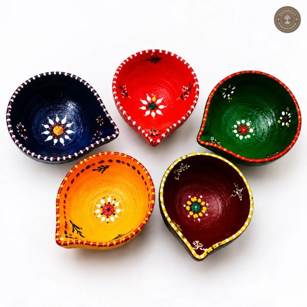 Handcrafted Colorful Clay Diya Set of 5 – Hand-Painted Traditional Oil Lamps with Floral Motifs for Diwali, Lakshmi Pooja, Navratri, Wedding & Festive Décor