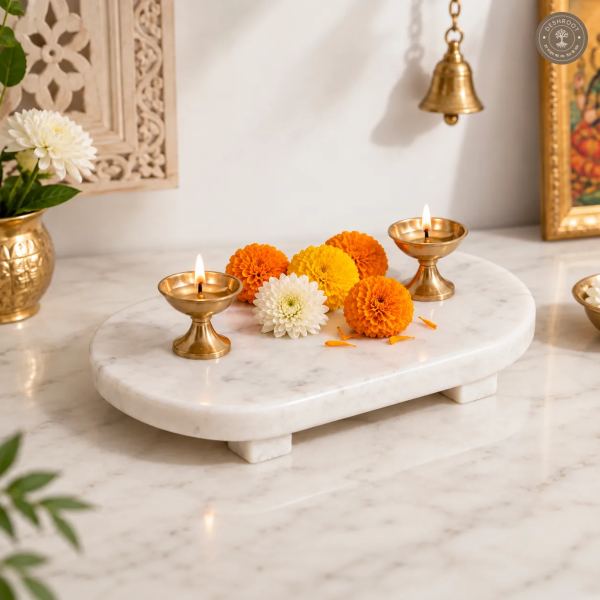 Handcrafted White Marble Pooja Chowki for Home Temple