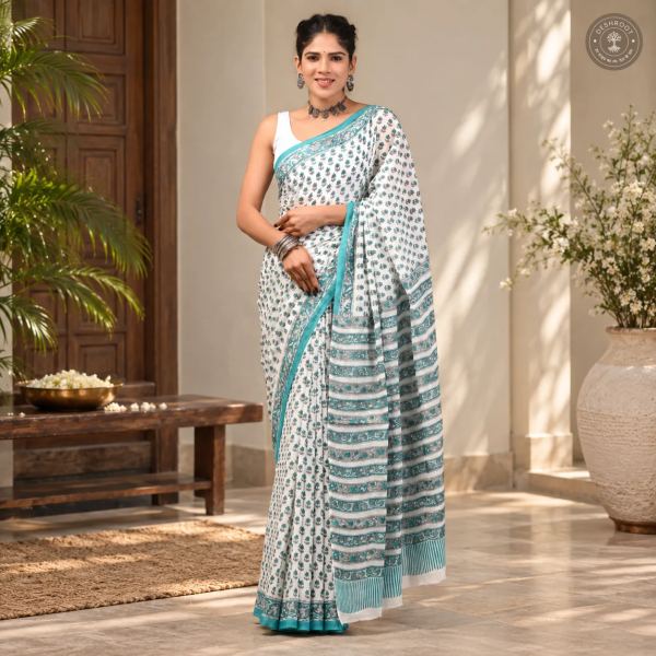 Aqua Blossom Hand Block Printed Mal Cotton Saree with Blouse Fabric