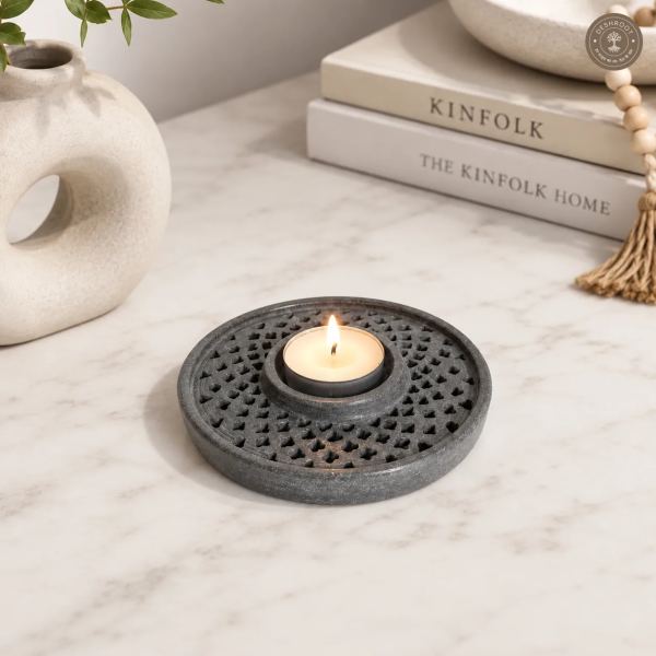 Handmade Marble Soapstone Tealight Candle Holder | Round Lattice Carved Decorative Diya for Home & Festive Décor