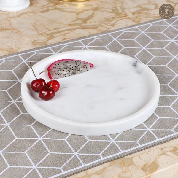 Handcrafted Agra Saar Marka Marble Round Tray – Premium White Marble Serving Platter with Polished Finish for Pooja, Vanity, Dining & Home Décor