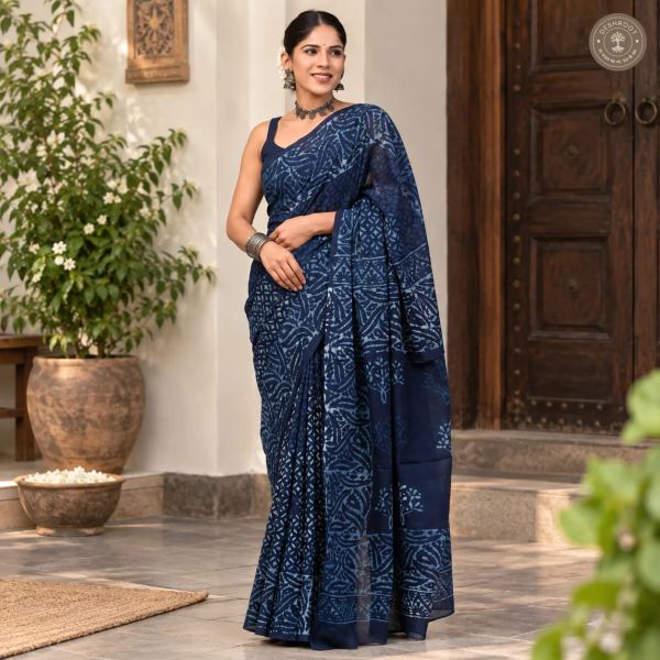 Neel Tarang Indigo Hand Block Printed Mal Cotton Saree