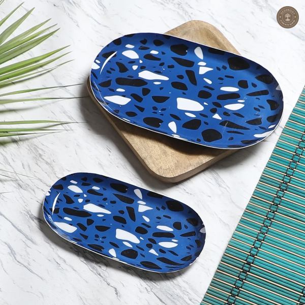 Blue & Black Metal Oval Platter Set of 2