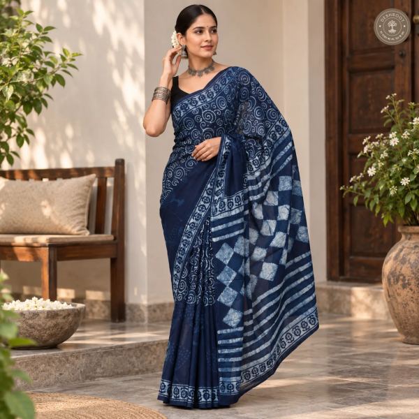 Neel Spiral Hand Block Printed Mal Cotton Saree
