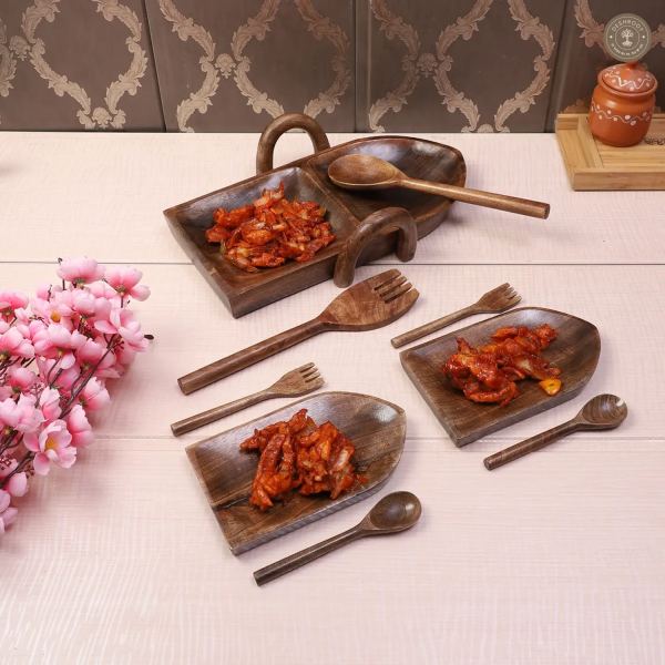 Boat Shape Mangowood Snacks Platter Set of 9