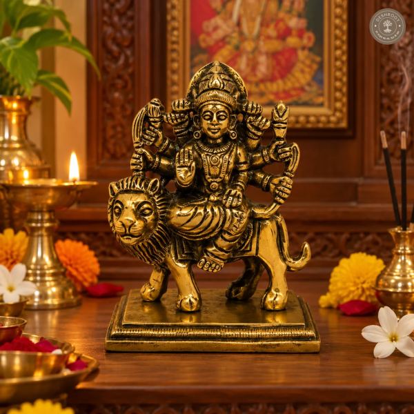 Handcrafted Brass Goddess Durga on Lion Idol – 250 gm Antique Finish Maa Durga Murti with Intricate Detailing for Pooja Room, Navratri, Home Temple & Décor