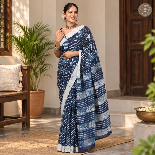 Neel Bindhu Hand Block Printed Mal Cotton Saree with Striped Pallu & Blouse Fabric