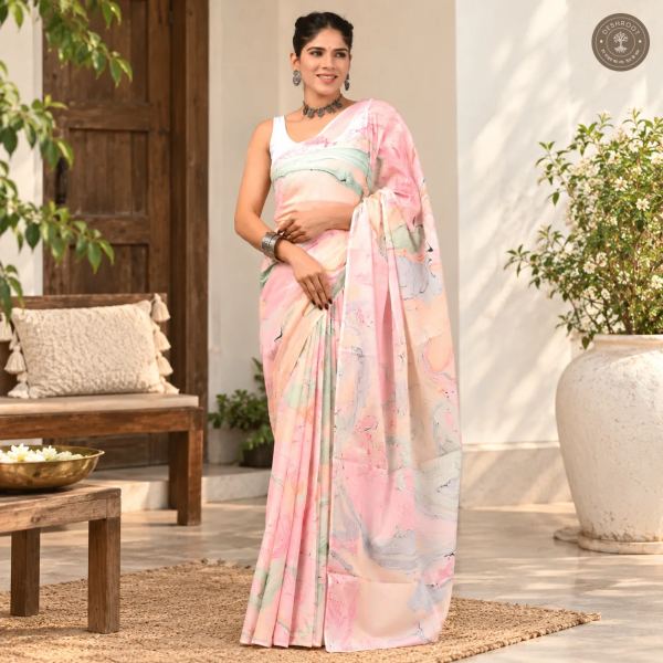 Pastel Bloom Hand Block Printed Mal Cotton Saree with Blouse Fabric