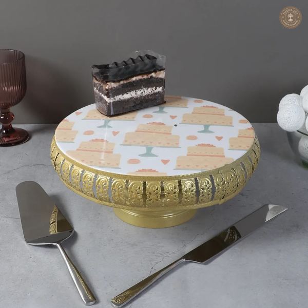 Cake Print Metal Cake Platter WIth Knife & Server