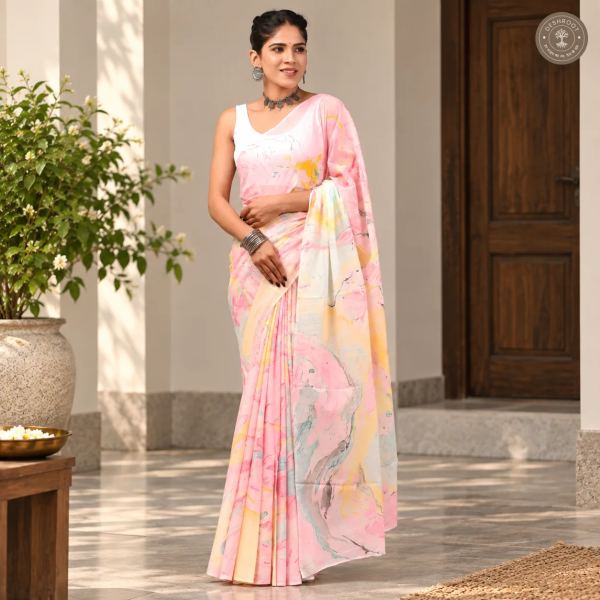 Pastel Blush Marble Hand Block Printed Mal Cotton Saree with Blouse