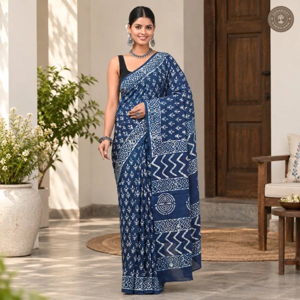 Indigo Bloom Hand Block Printed Mal Cotton Saree with Geometric Pallu & Blouse