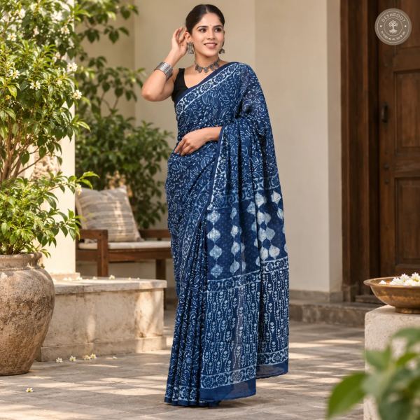 Neelvan Indigo Floral Hand Block Printed Mal Cotton Saree