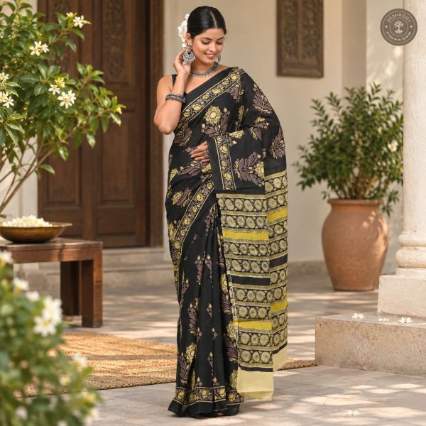 Noir Gulmohar Hand Block Printed Mal Cotton Saree
