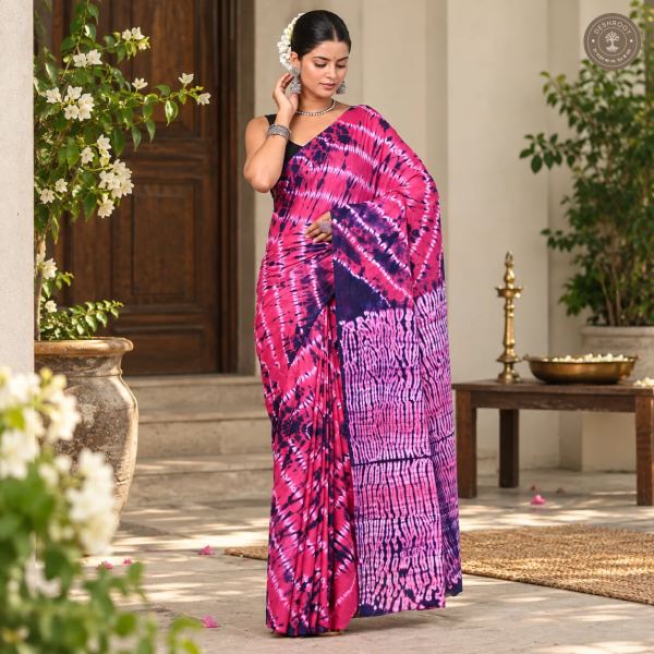 Rani Leher Pink Hand Block Printed Mal Cotton Saree with Tie-Dye Design