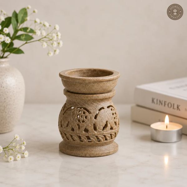 Handcrafted Soapstone Essential Oil Burner & Tealight Aroma Diffuser - HandCarved Agra Stone Aroma Lamp