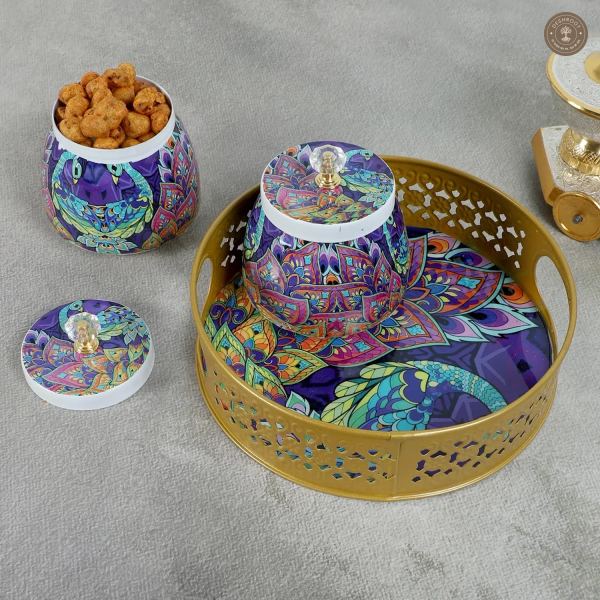 Green & Purple Peacock Round Basket With Jar Set of 3