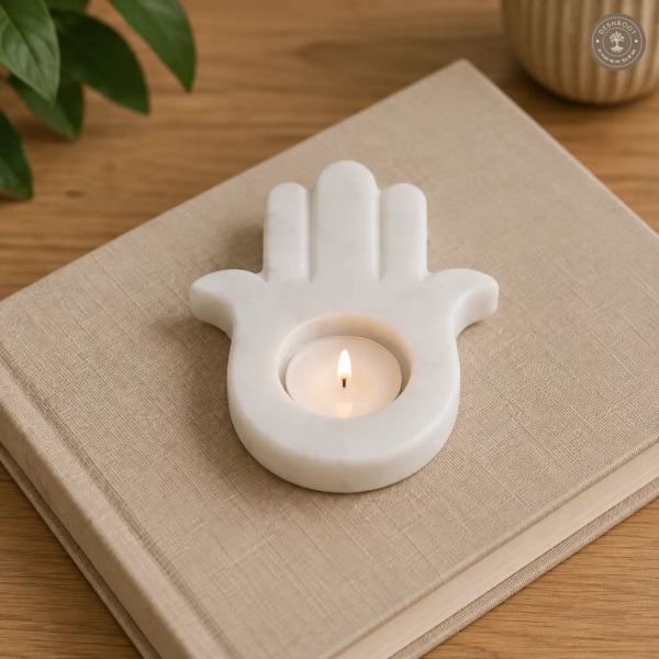 Handcrafted Agra White Marble Hamsa Hand Tealight Holder - Elegant Natural Marble Candle & Diya Holder for Pooja, Meditation, Home Décor & Gifting