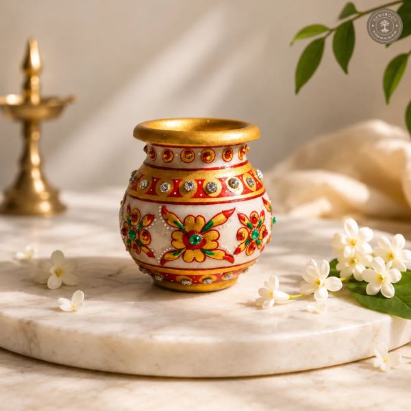 Handcrafted Agra Marble Inlay Saar Marka Marble Pooja Kalash Pot with Hand-Painted Floral Design & Gemstone Work