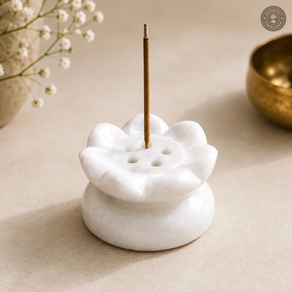 Aurelia Lotus Handcrafted White Marble Agarbatti Holder with Ash Catcher – Natural Marble Incense Stick Stand for Pooja Room, Meditation, Yoga & Spiritual Décor