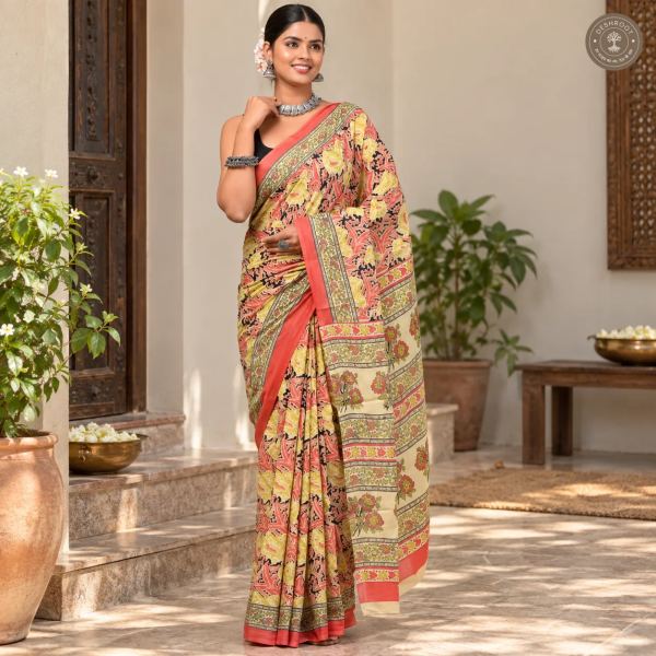 Gulnaar Coral Floral Hand Block Printed Mal Cotton Saree