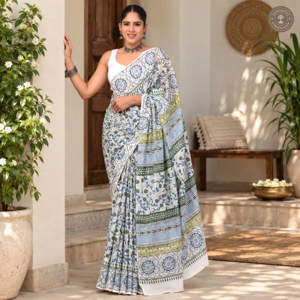 Neelvan Ivory Floral Hand Block Printed Mal Cotton Saree
