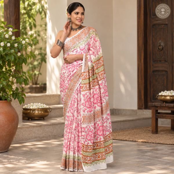 Gulabi Bagh Pink Floral Hand Block Printed Mal Cotton Saree