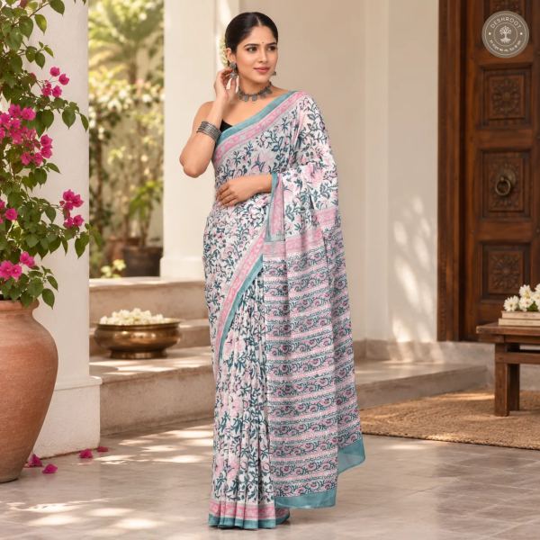 Blush Pink & Teal Floral Hand Block Printed Mal Cotton Saree