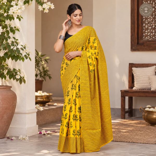 Sunheri Paisley Yellow Hand Block Printed Mal Cotton Saree