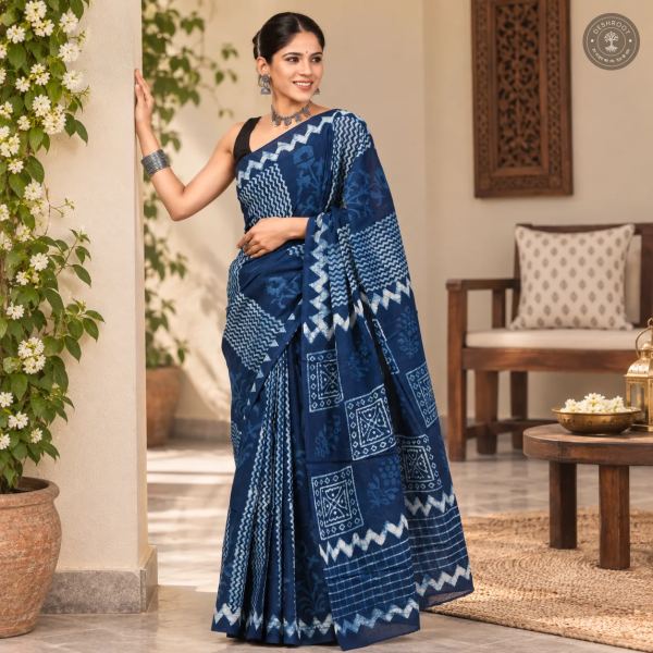 Indigo Mosaic Hand Block Printed Mal Cotton Saree
