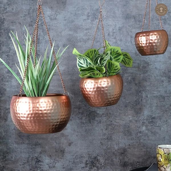 Hanging Copper Hammered Apple Planter Set of 3
