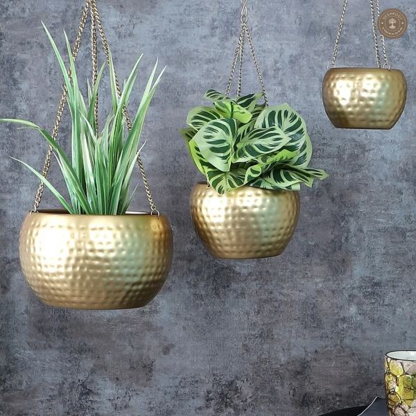 Hanging Gold Hammered Apple Planter Set of 3