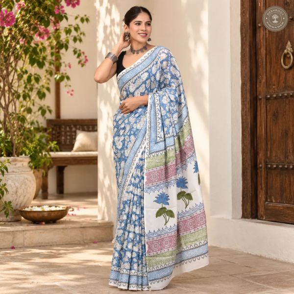Neel Kamal Floral Hand Block Printed Mal Cotton Saree