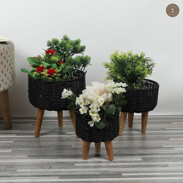 Jute & Metal Black Planter Set with Wooden Legs Set of 3