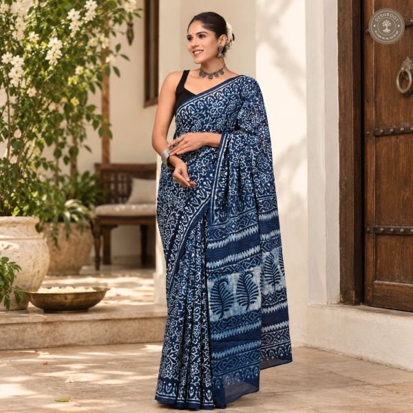 Indigo Vine Hand Block Printed Mal Cotton Saree