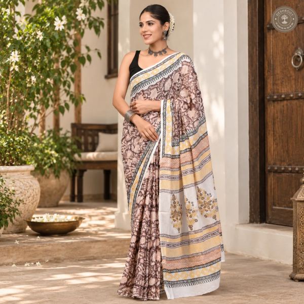 Earthy Floral Hand Block Printed Mal Cotton Saree