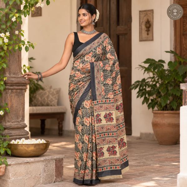 Noir Gulab Hand Block Printed Mal Cotton Saree