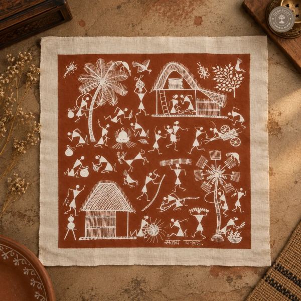 Warli Village Life & Farming Scene – Handmade Painting on Manjarpat Cloth