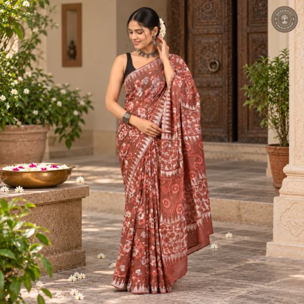 Rust Bloom Batik Hand Block Printed Mal Cotton Saree