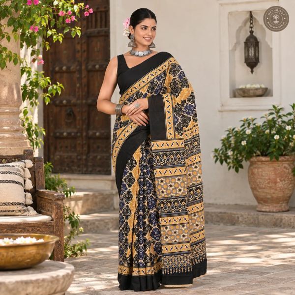 Midnight Mustard Ajrakh-Inspired Hand Block Printed Mal Cotton Saree