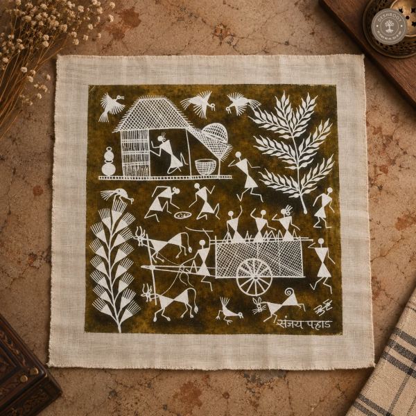 Warli Village Life with Bullock Cart – Handmade Painting on Manjarpat Cloth