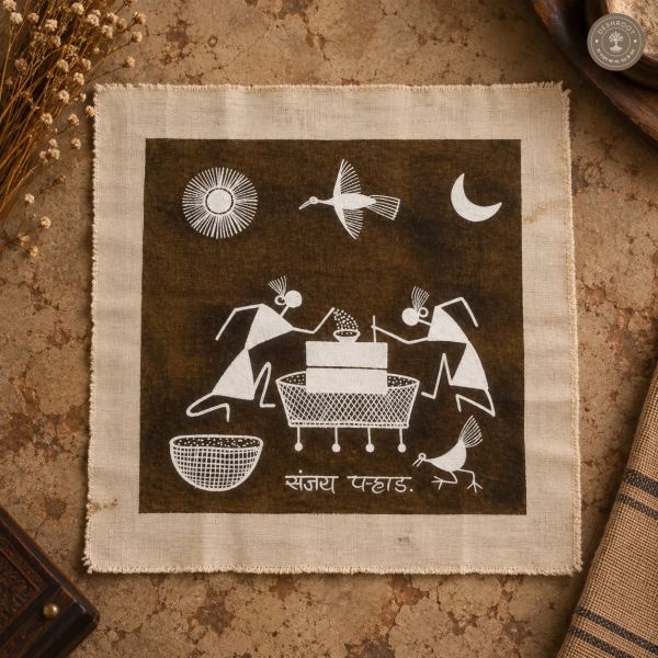 Traditional Warli Harvest Scene – Handmade Painting on Manjarpat Cloth