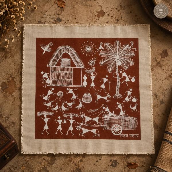 Warli Village & Farming Scene with Bullock Cart – Handmade Painting on Manjarpat Cloth