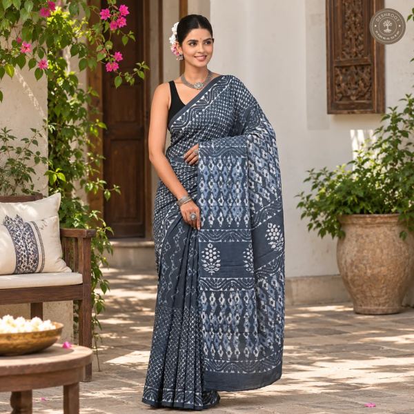Indigo Grey Patchwork Hand Block Printed Mal Cotton Saree