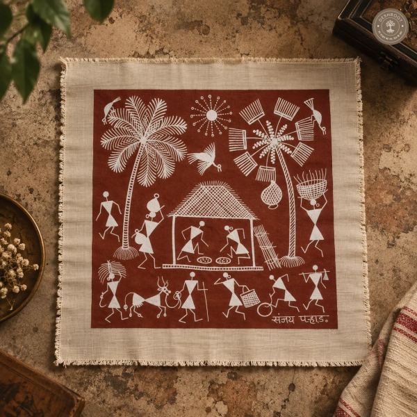 Warli Village Life & Farming Scene with Palm Trees – Handmade Painting on Manjarpat Cloth