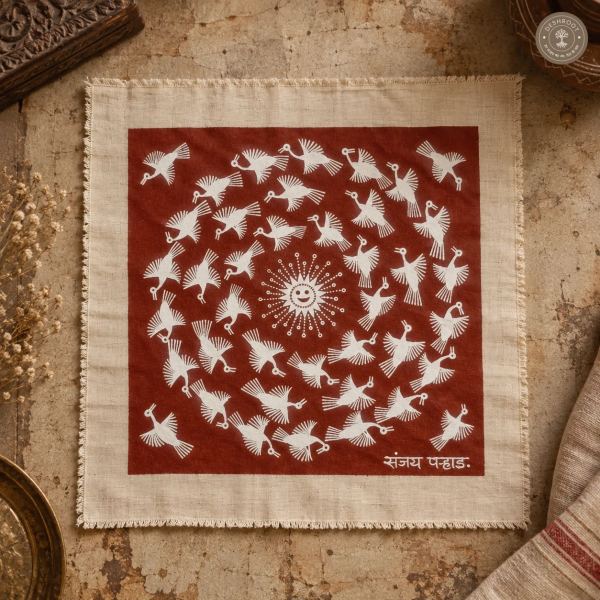 Warli Birds Around the Sun – Handmade Tribal Painting on Manjarpat Cloth