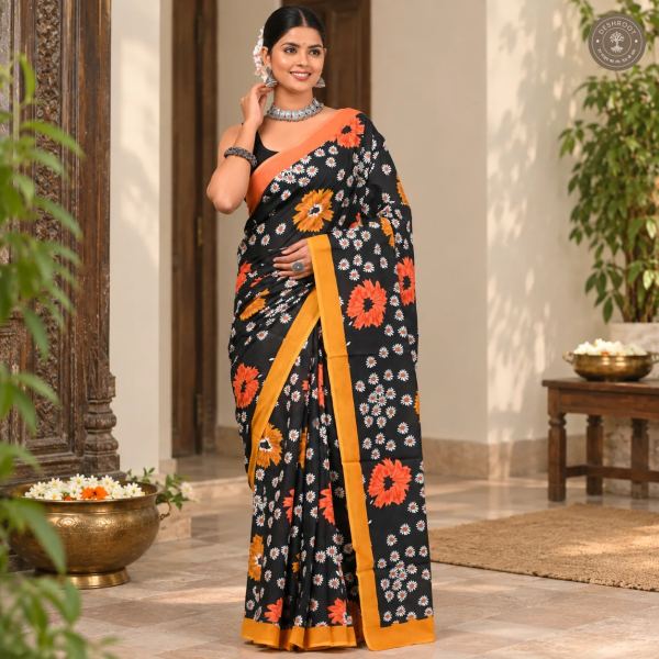 Sunburst Daisy Hand Block Printed Mal Cotton Saree