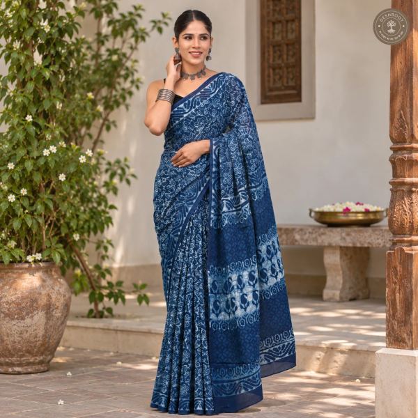 Neelvan Floral Hand Block Printed Mal Cotton Saree