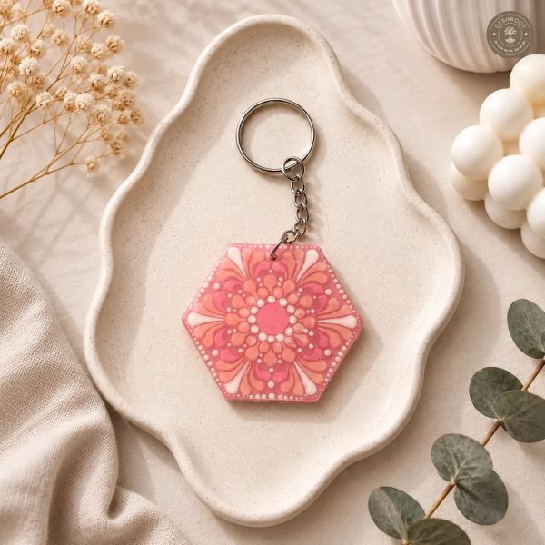 Blush Bloom Hand-Painted Mandala Resin Keychain